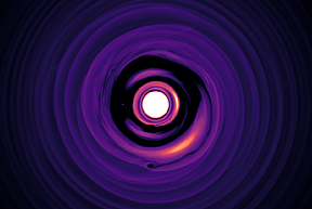A simulated snapshot of a massive, gas-giant planet stirring a protoplanetary disk.