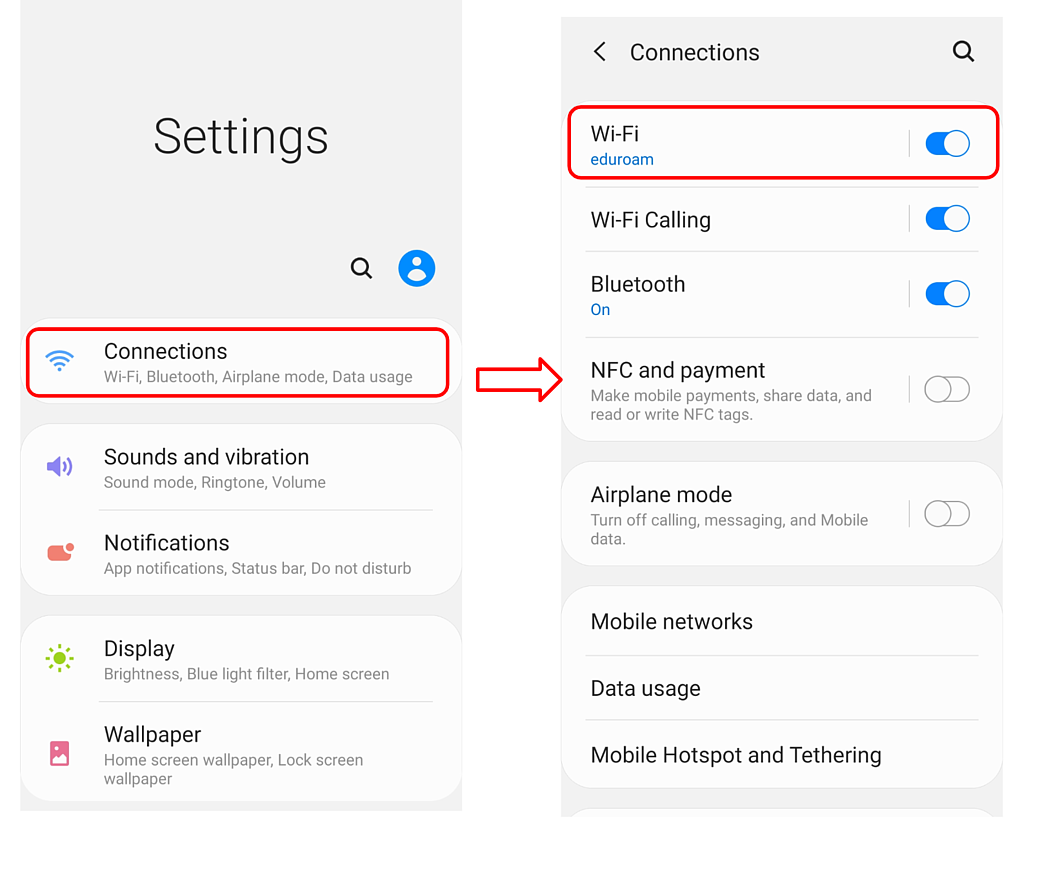 settings home tab and connections tab