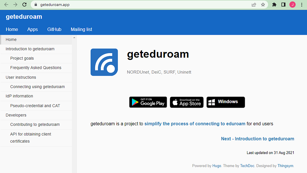 geteduroam.aop in chrome window