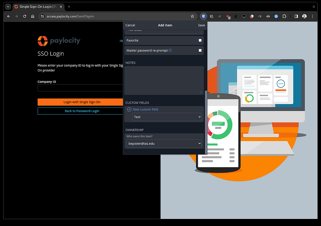 Showing the new custom field area at the bottom of a new Bitwarden entry.