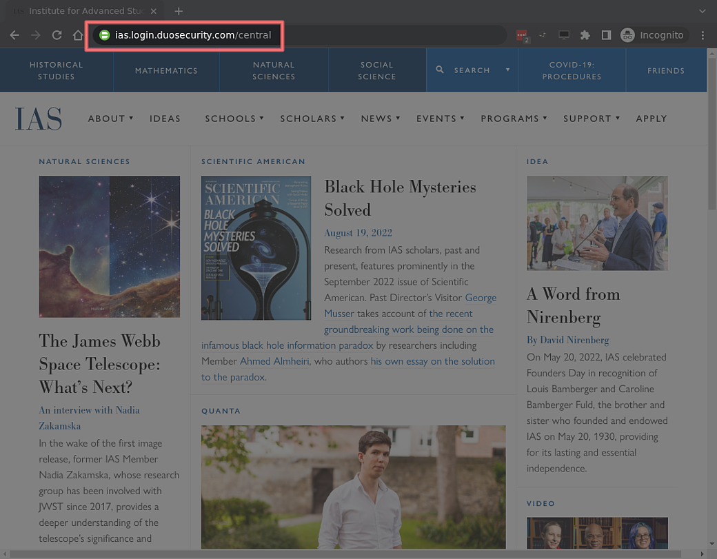 The ias.edu website with the IAS Duo Central URL typed into the location bar.