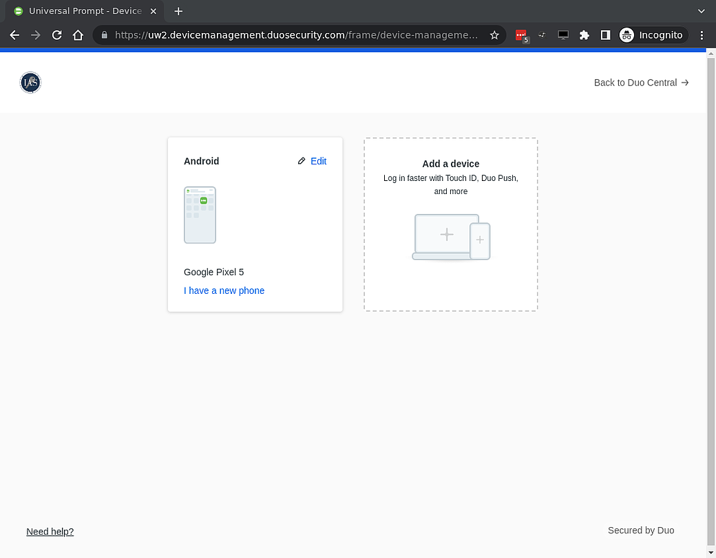 The Duo Devices list showing all your DuoSecurity devices and an option to add a device.