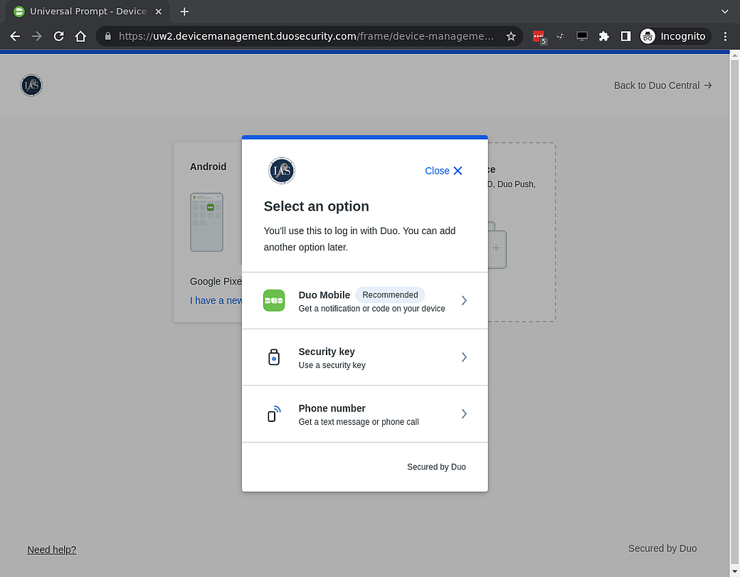 Selection box with the type of DuoSecurity device to add, Duo Mobile, Security Key, or Phone Number.