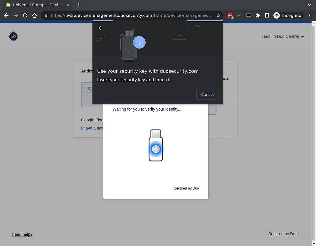 A prompt asking you to Use your security key with duosecurity.com