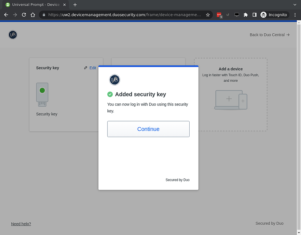 A success prompt saying that your DuoSecurity key has been added successfully.