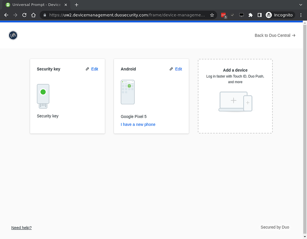 The DuoSecurity device list.  A Security Key and Android device are in the list.  An add a new device button is visible on the righ.