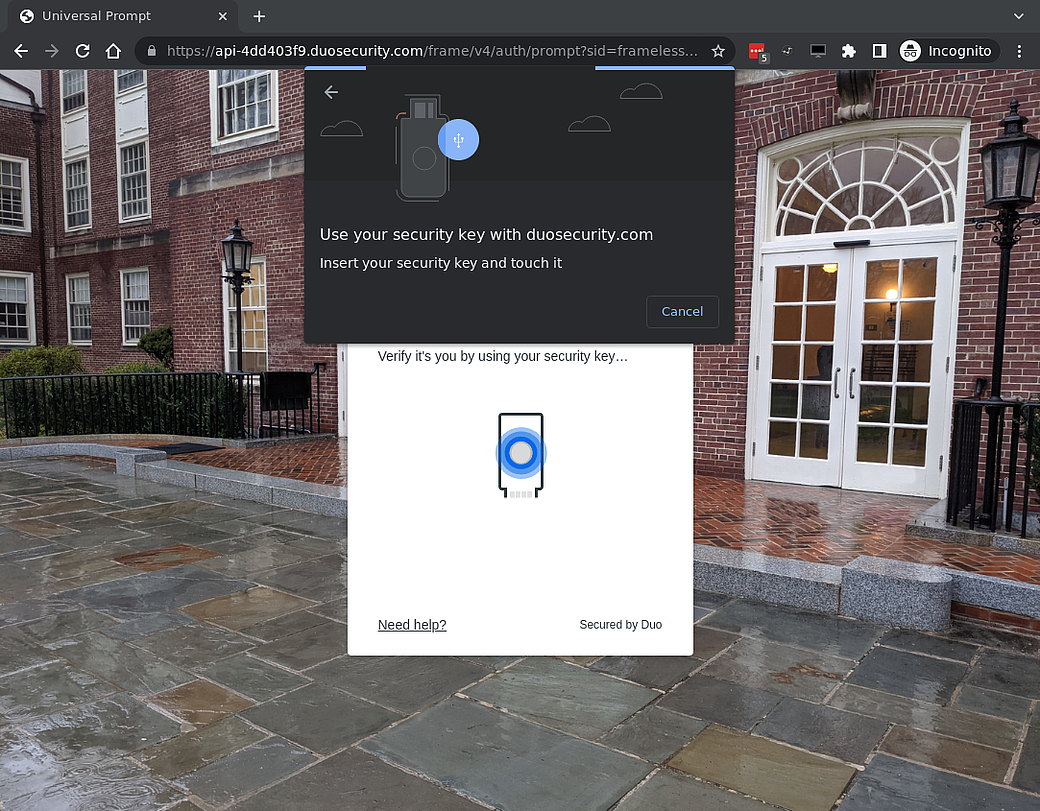 A duo prompt asking you to use your security key.