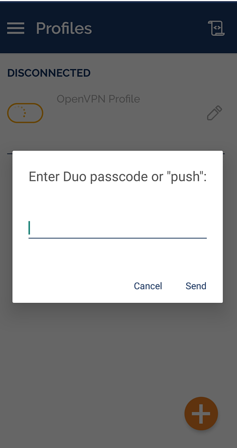 pop-up asking user to enter Duo passcode or "push"